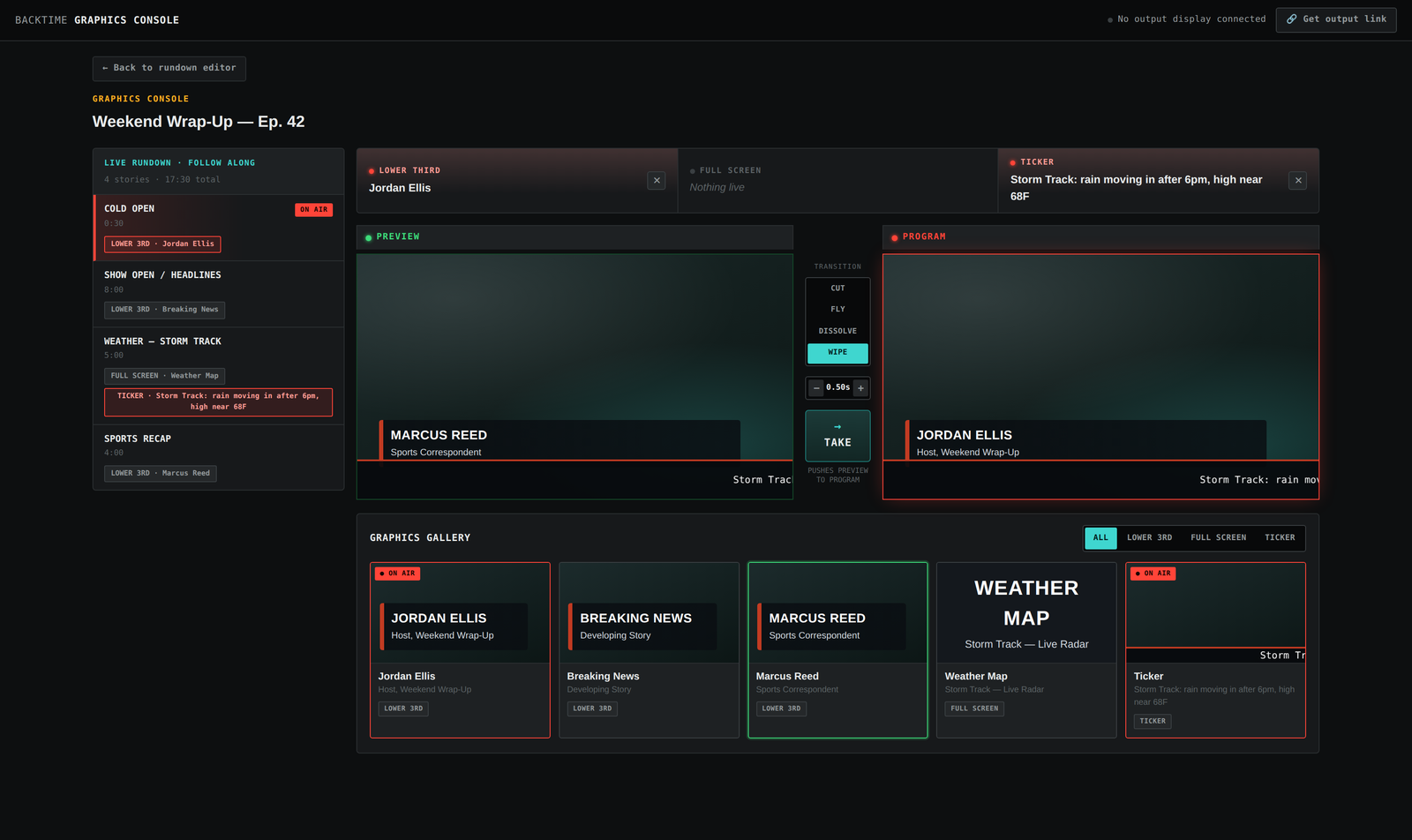 Backtime's Graphics Console: a Preview/Program switcher for lower thirds, full screens and tickers, with transition and duration controls and a live graphics gallery.