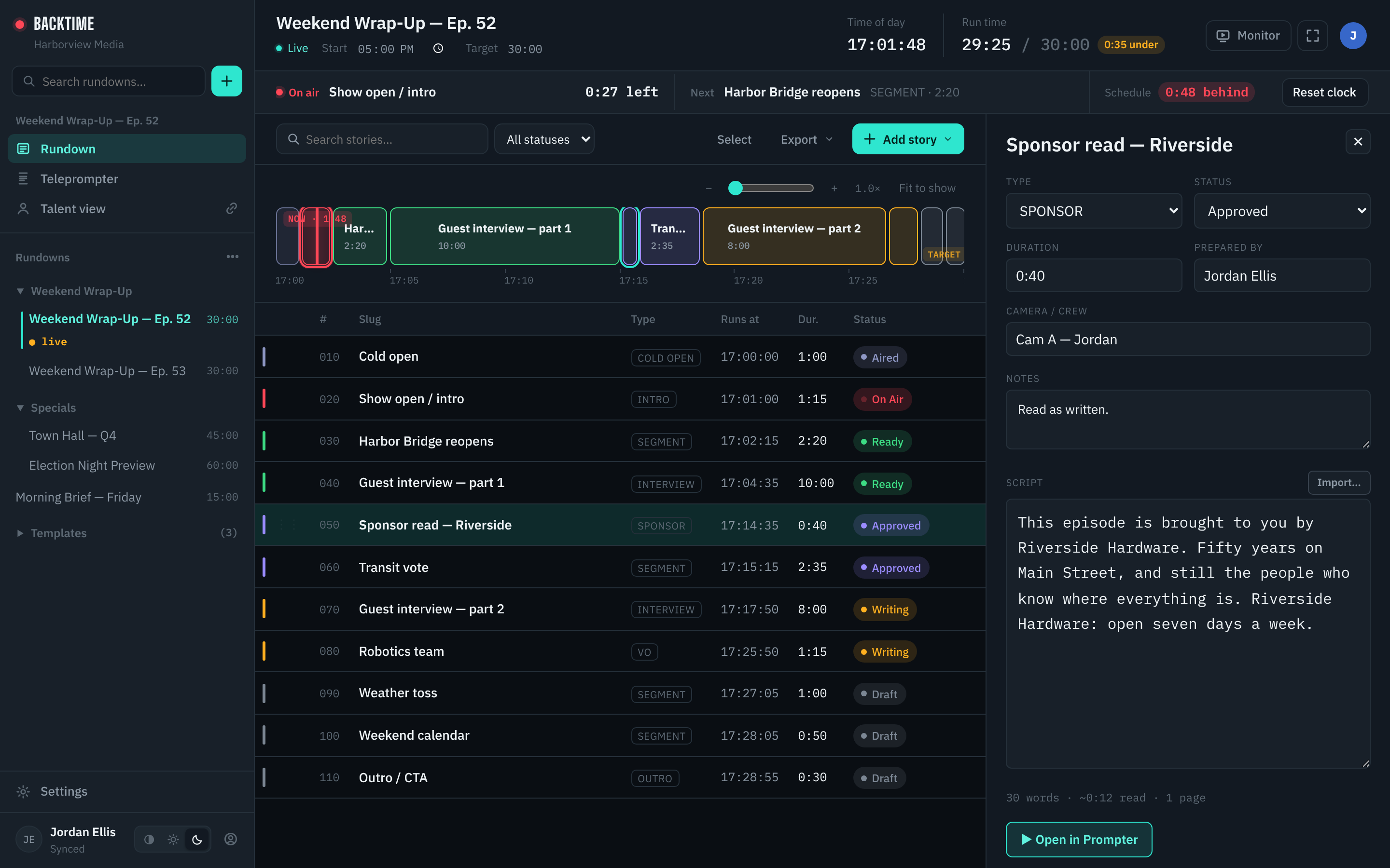 Backtime in its dark theme: a live rundown with the on-air and next segments across the top, the show timeline, every story with its start time, duration and status, and one story's script open in a panel beside it.