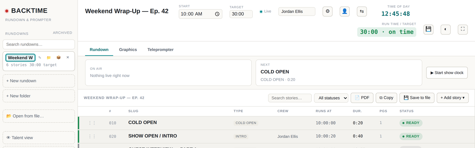 A real Backtime rundown: segments with start times, duration and status, plus PDF export and add-story controls.