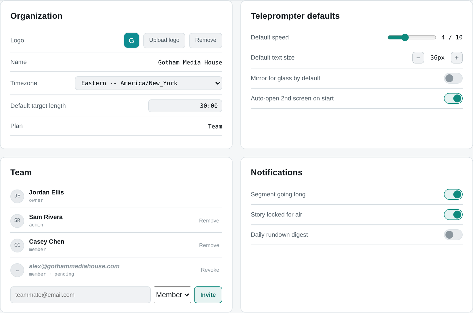 Backtime's in-app Settings view: organization timezone and default length, teleprompter defaults, team members and roles, and notification toggles, all in one page.