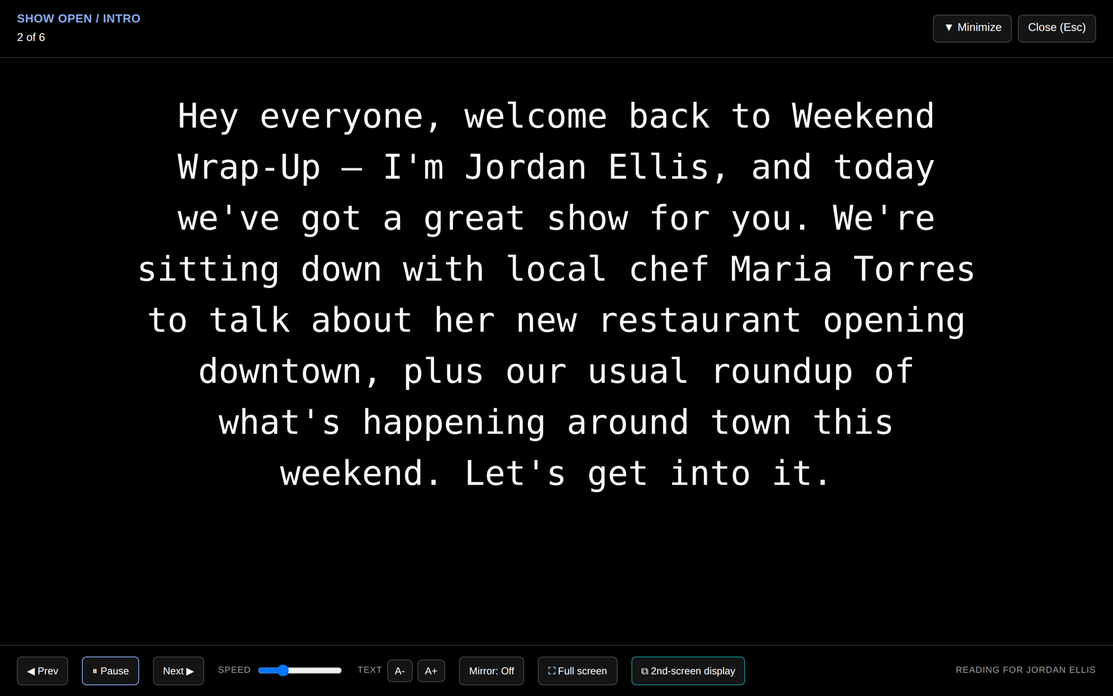 Backtime's teleprompter: large white text on black, with speed, text size and 2nd-screen display controls.